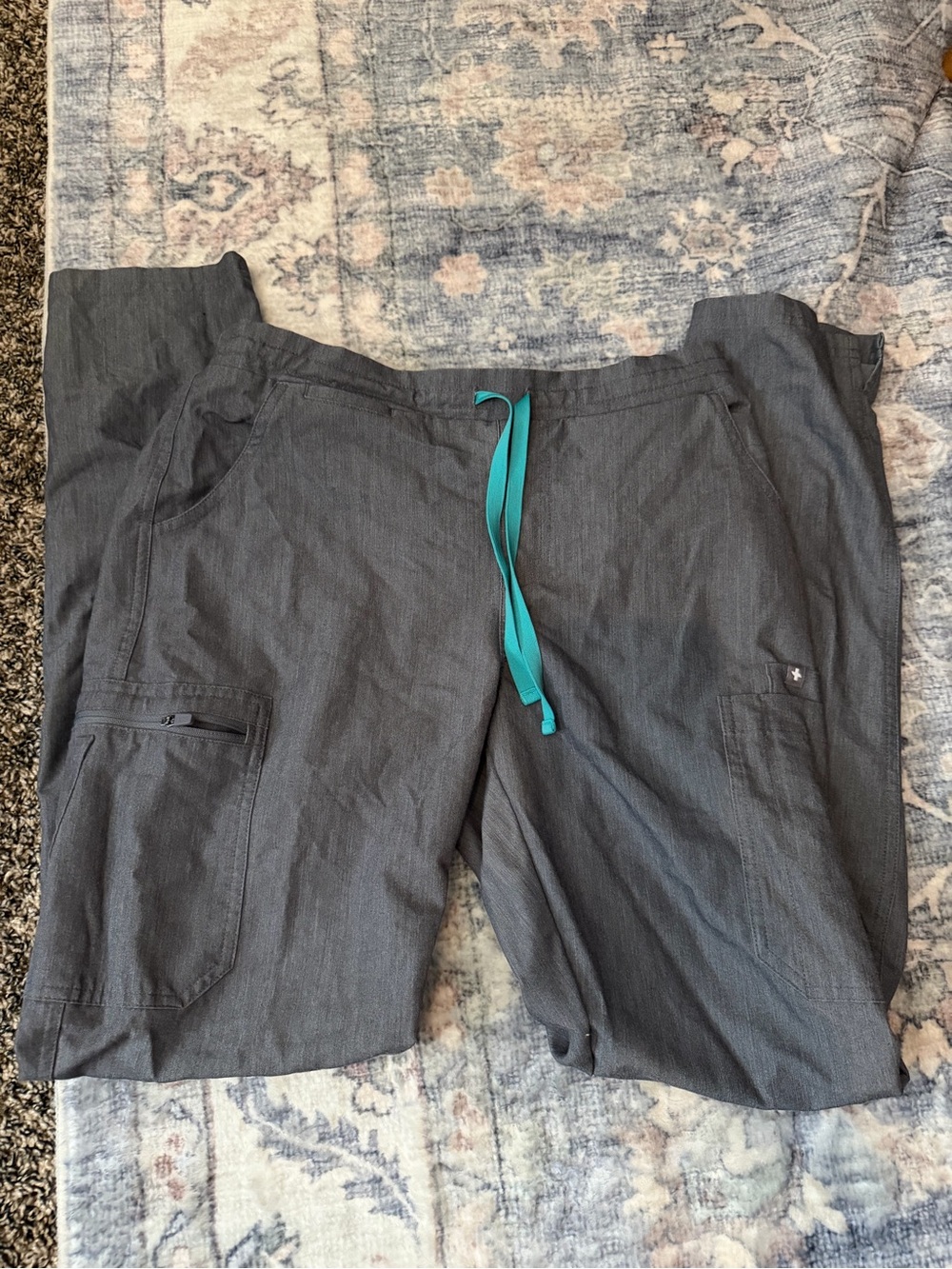 Figs Gray yola skinny Scrub Pants with Teal Drawstring